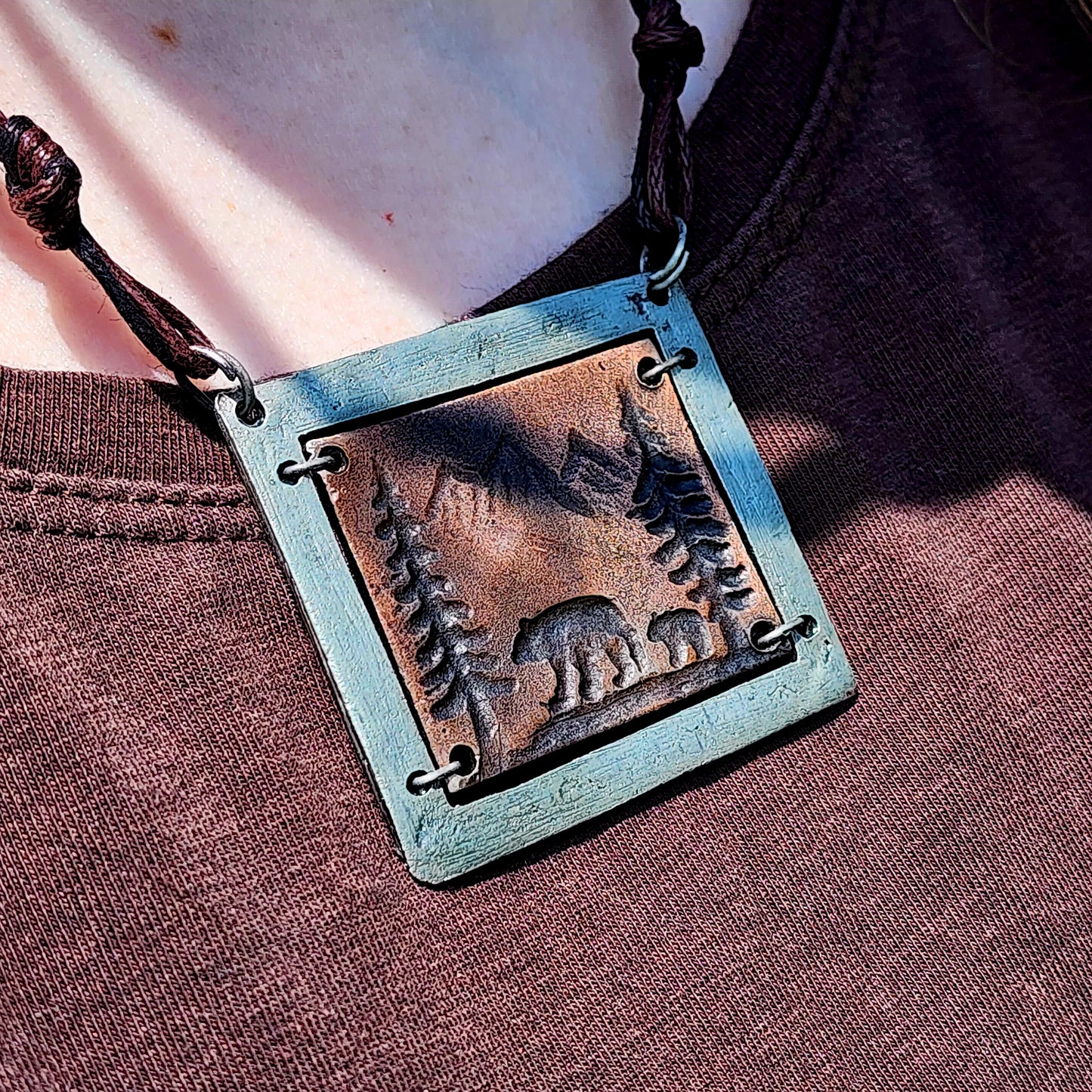 Rustic Bear, Trees and Mountains Pewter Necklace