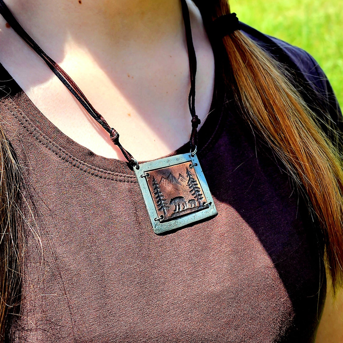 Rustic Bear, Trees and Mountains Pewter Necklace