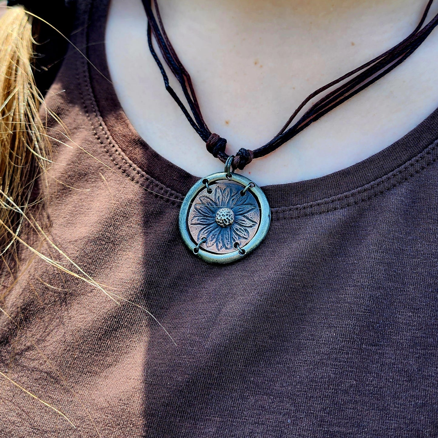 Rustic Sunflower Pewter Necklace