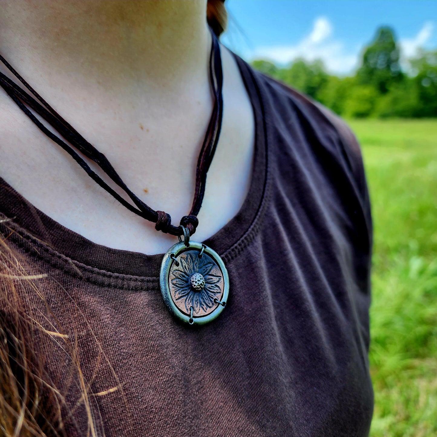 Rustic Sunflower Pewter Necklace