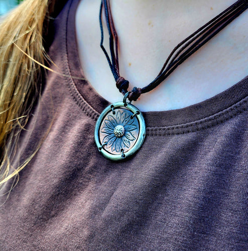 Rustic Sunflower Pewter Necklace