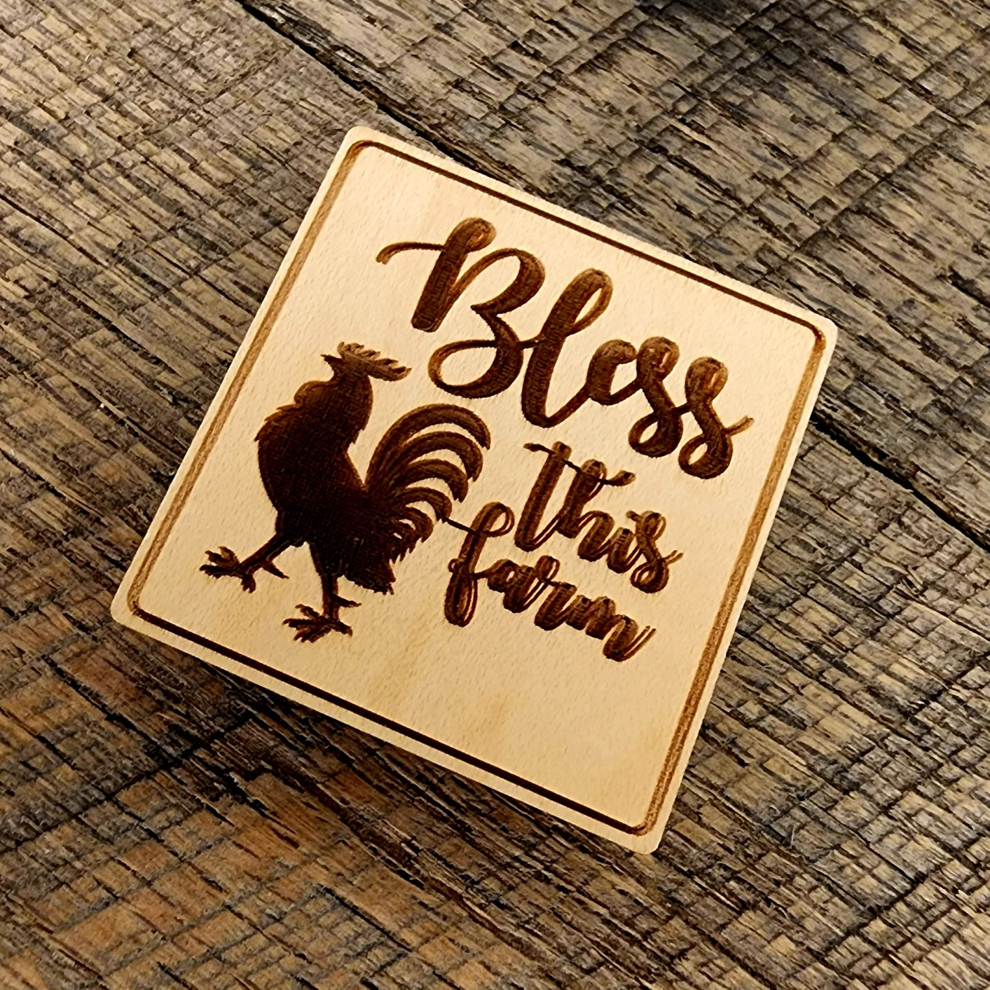 Magnet Inscribed with "Bless This Farm" Rooster
