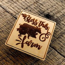Load image into Gallery viewer, Magnet Inscribed with &quot;Bless This Farm&quot; also has a rooster, pig and cow beside one another
