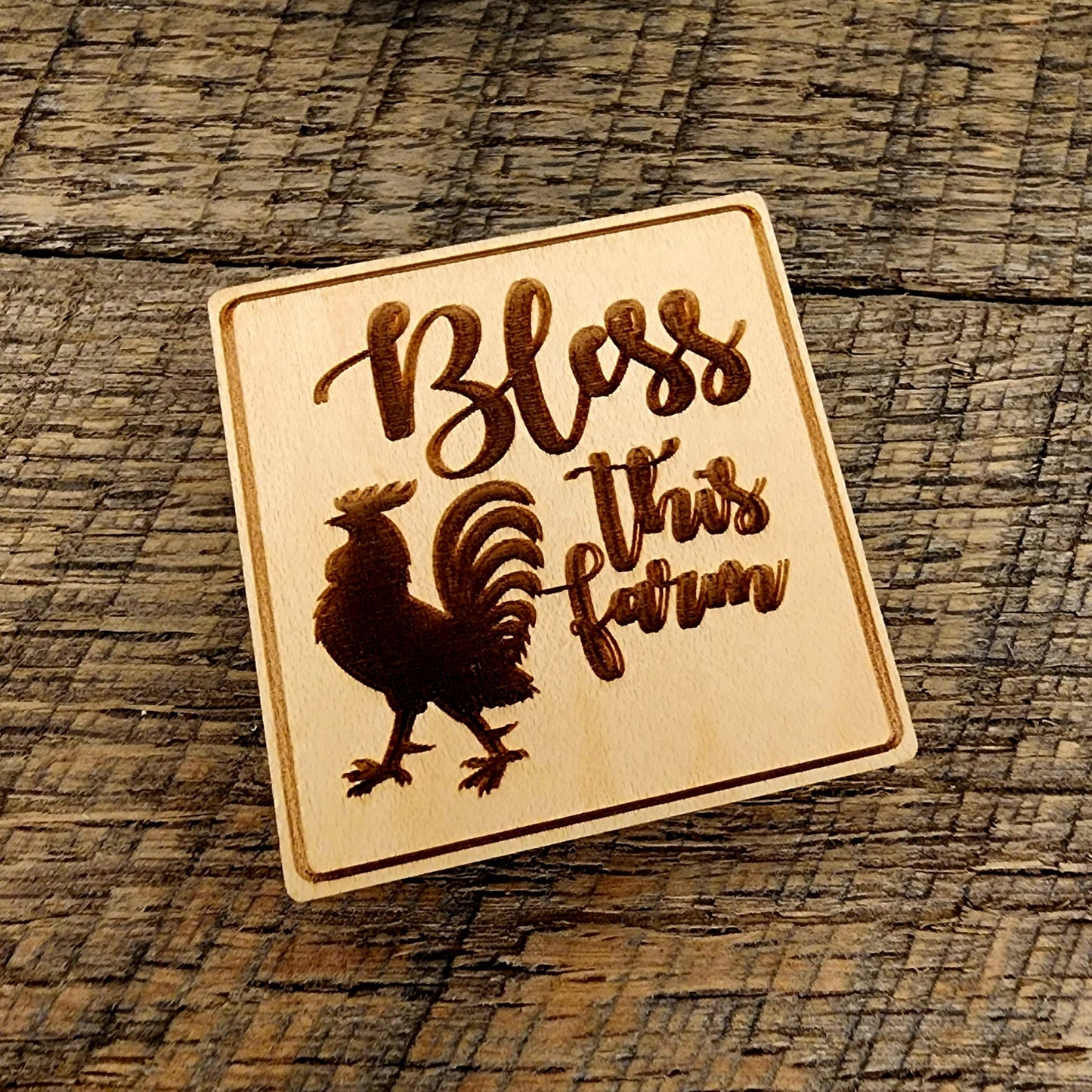 Magnet Inscribed with "Bless This Farm" with a rooster