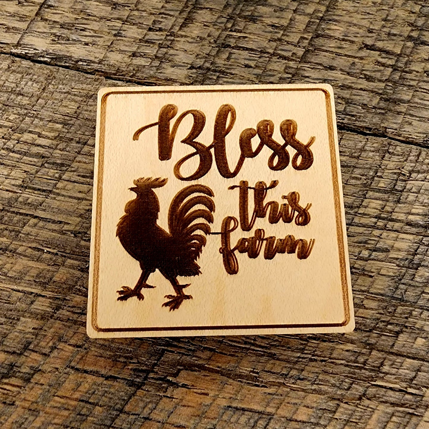 Magnet Inscribed with "Bless This Farm" with a rooster