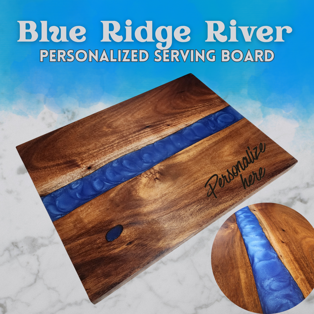 Blue Ridge River Personalized Acacia Serving Board – Custom Engraved Resin River Charcuterie Board