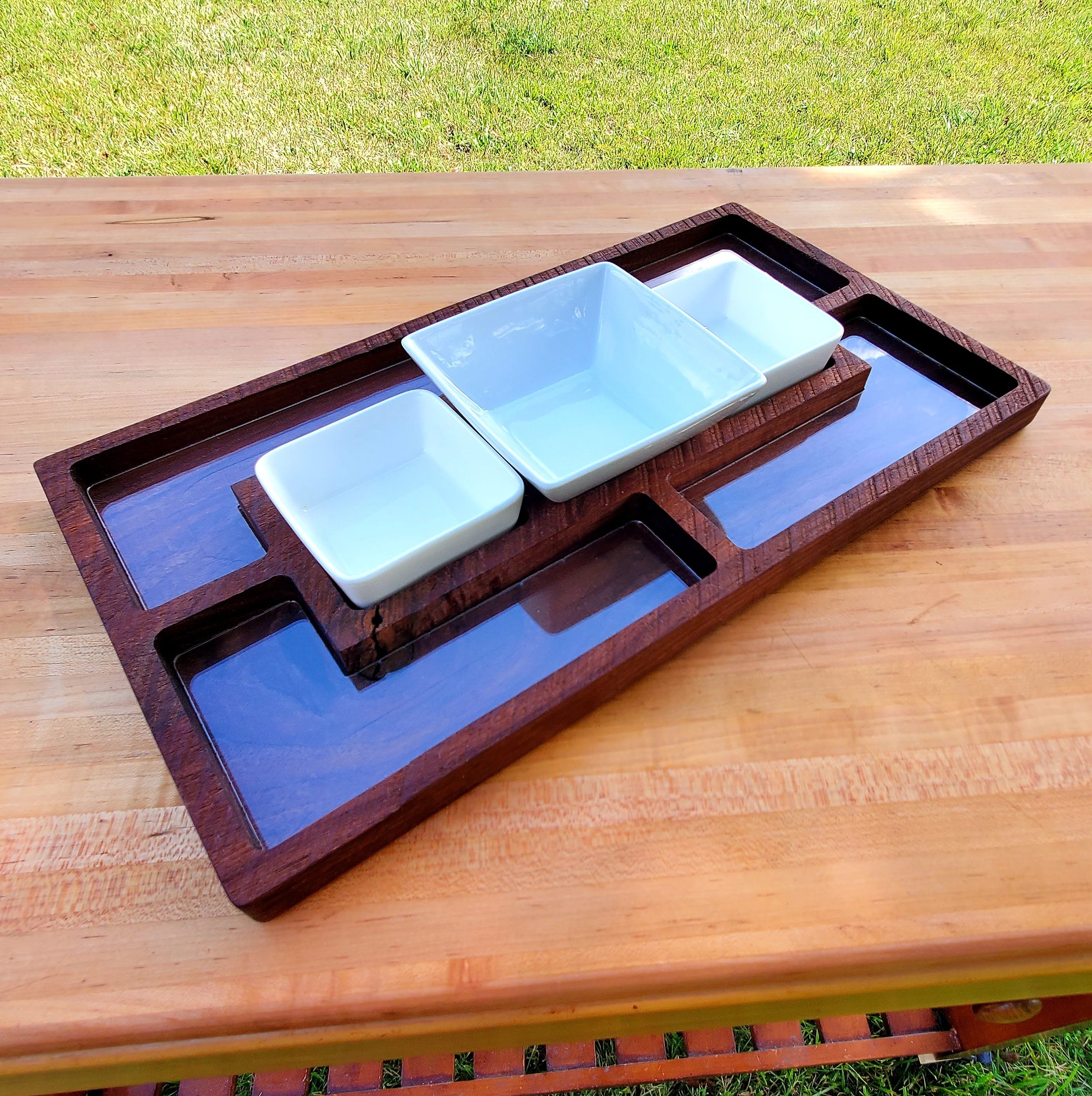 Wooden tray with three ceramic bowls on a wooden surface outdoors. Made by Cherokee Grove Custom Worx