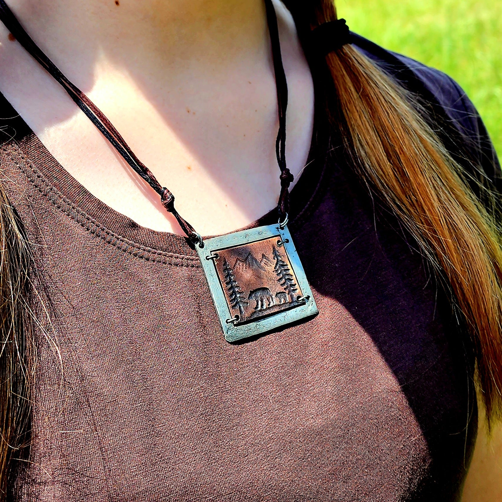 Rustic Bear, Trees and Mountains Pewter Necklace