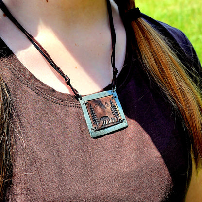 Rustic Bear, Trees and Mountains Pewter Necklace