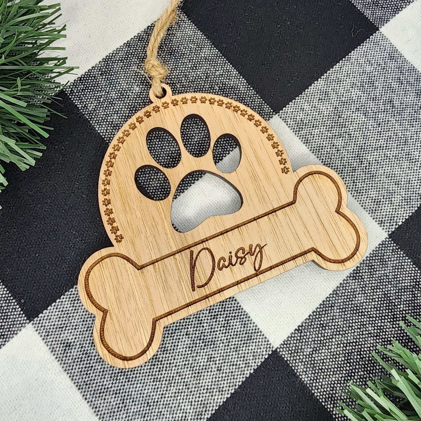 Wooden Dog Paw Print and Bone Ornament