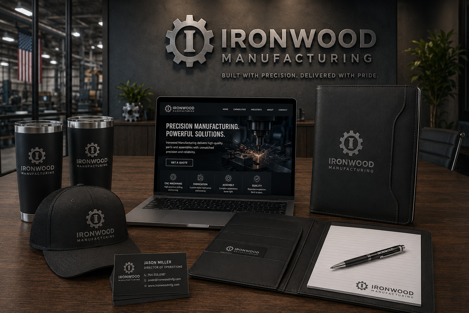 Ironwood Manufacturing branded items including tumblers, laptop, and stationery on a desk.