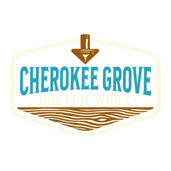 Logo for Cherokee Grove Custom Wood with a stylized arrowhead and wooden texture design.