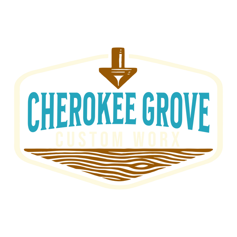 Logo for Cherokee Grove Custom Wood with a stylized arrowhead and wooden texture design.