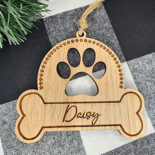 Wooden Dog Paw Print and Bone Ornament