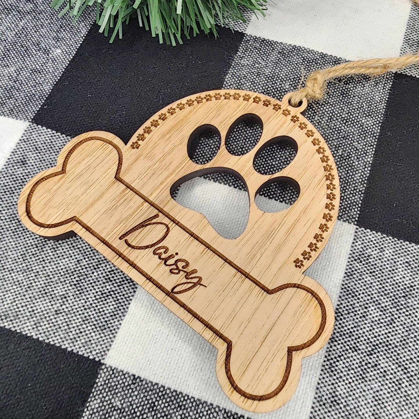 Wooden Dog Paw Print and Bone Ornament