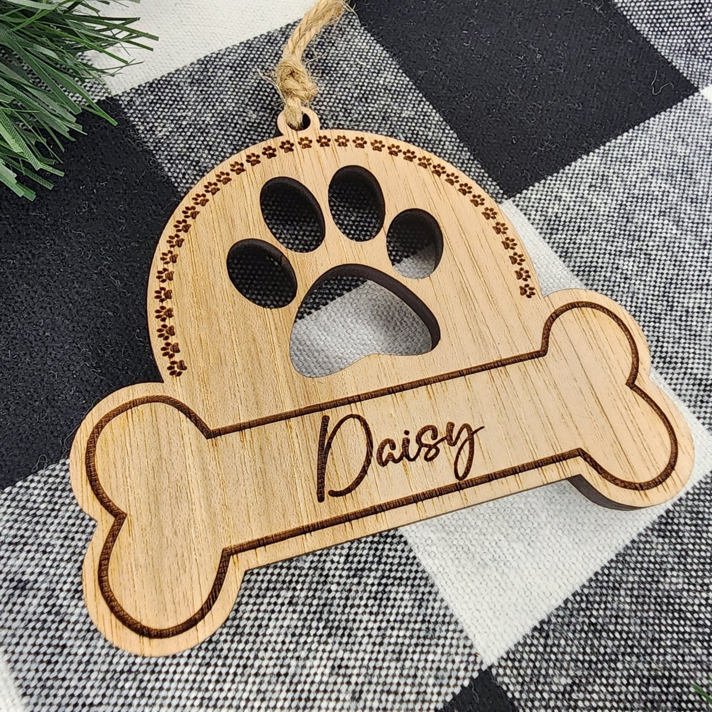 Wooden Dog Paw Print and Bone Ornament