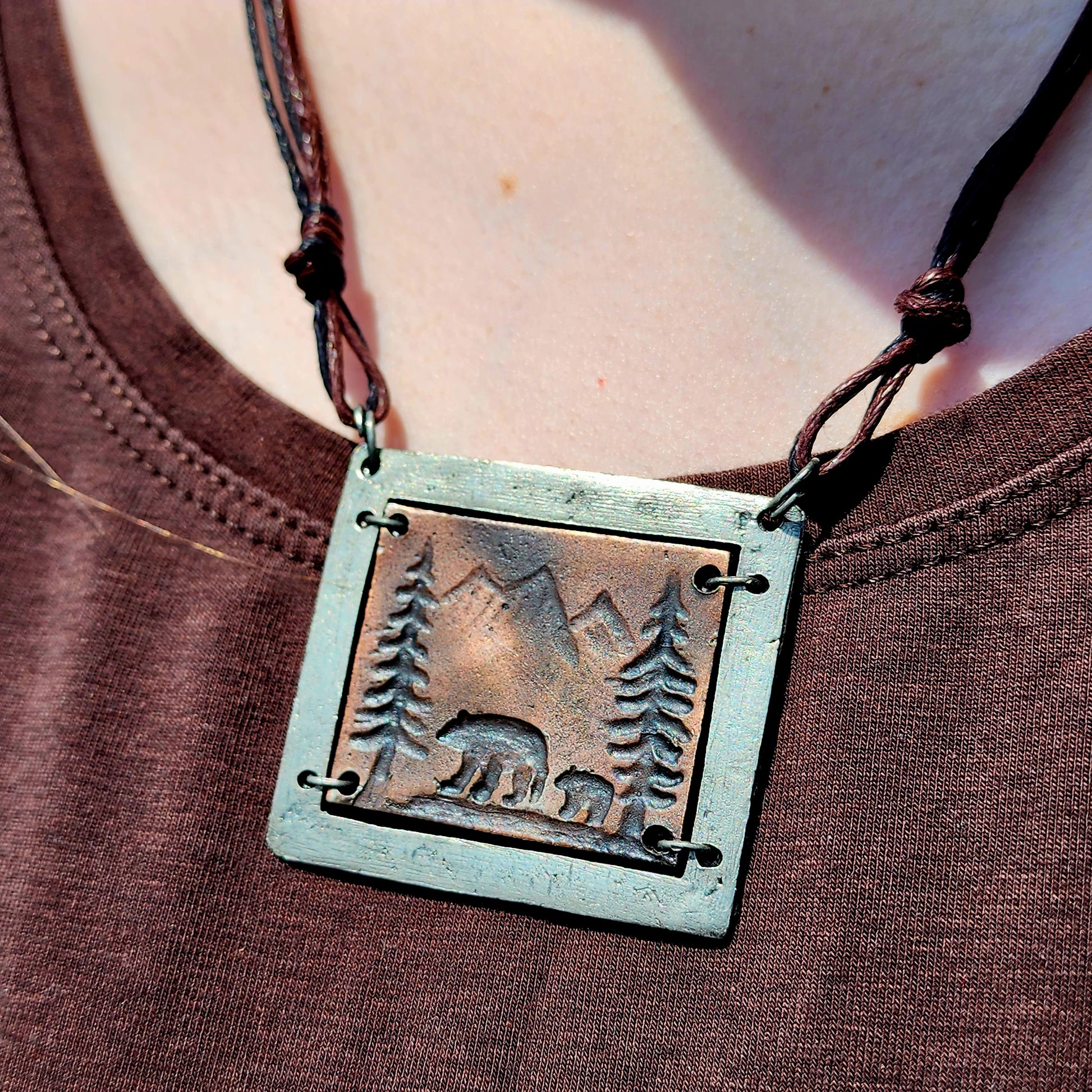 Rustic Bear, Trees and Mountains Pewter Necklace
