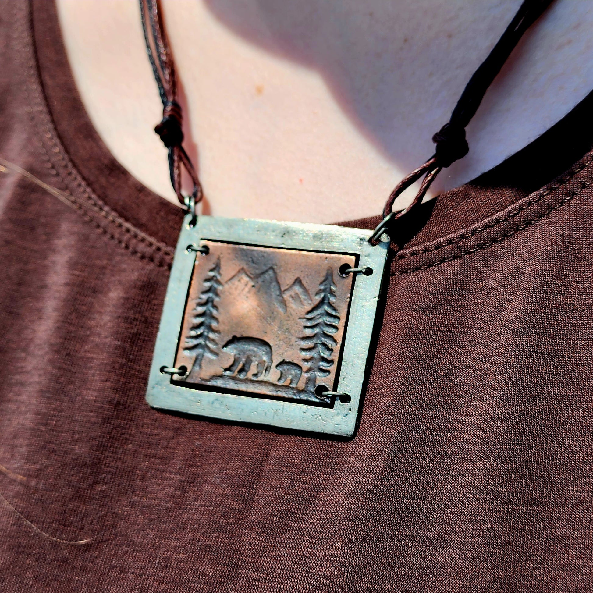Rustic Bear, Trees and Mountains Pewter Necklace