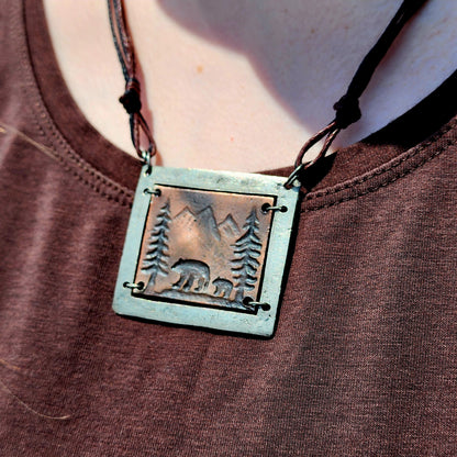 Rustic Bear, Trees and Mountains Pewter Necklace