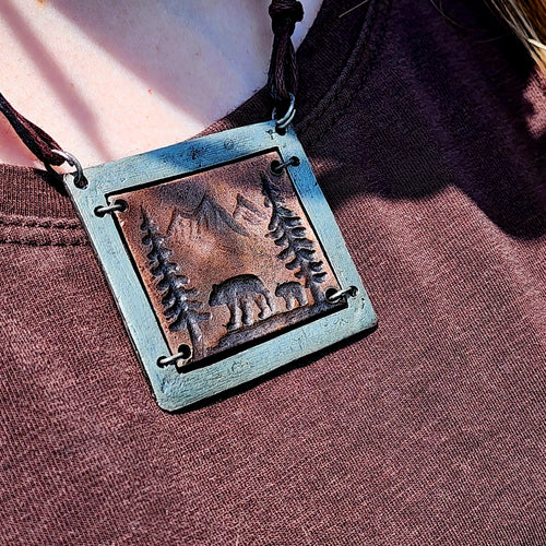 Rustic Bear, Trees and Mountains Pewter Necklace