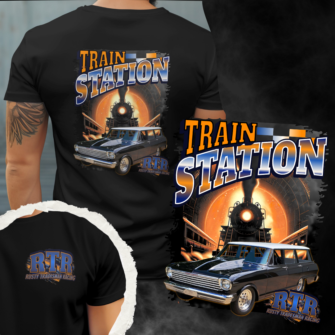 Black t-shirt with 'Train Station' graphic design featuring a vintage car and train. | Cherokee Grove Custom Worx