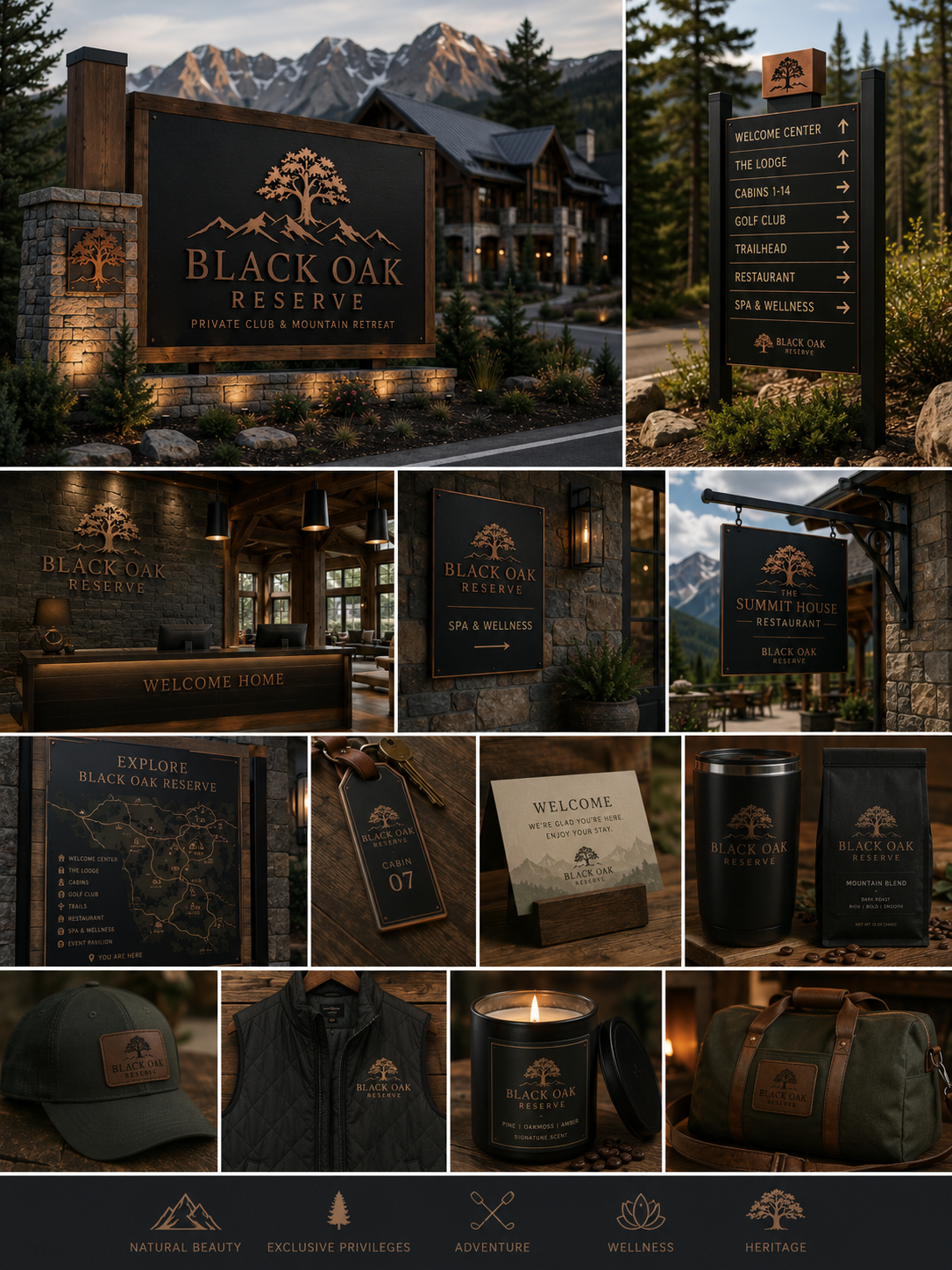 Identity Brand Design Black Oak Reserve branding and products with mountain backdrop