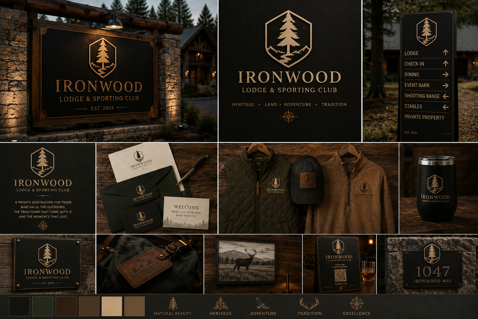 Brand Ironwood Lodge & Sporting Club brand identity, signage, and merchandise.