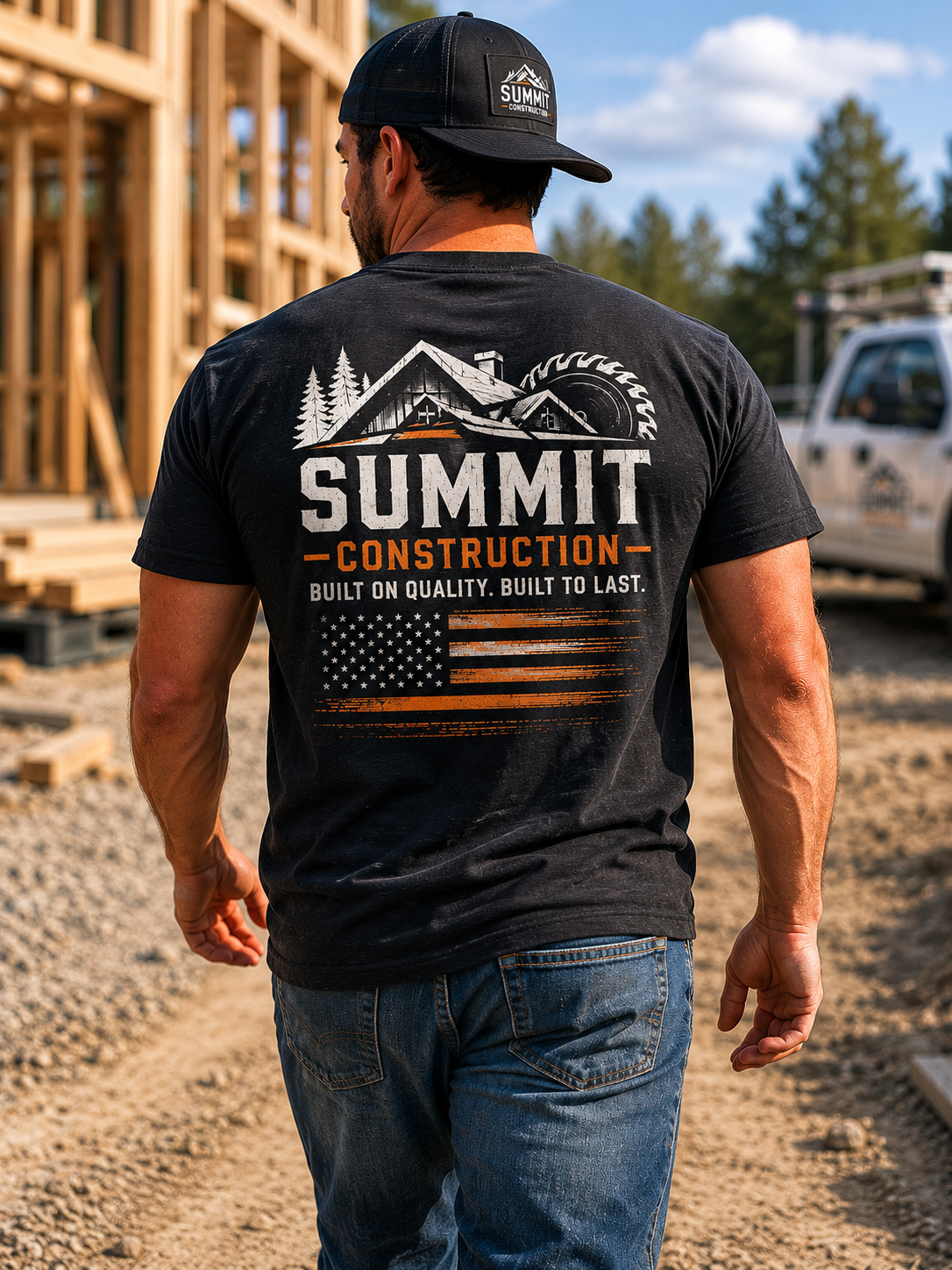 Person wearing a black 'Summit Construction' t-shirt on a construction site.