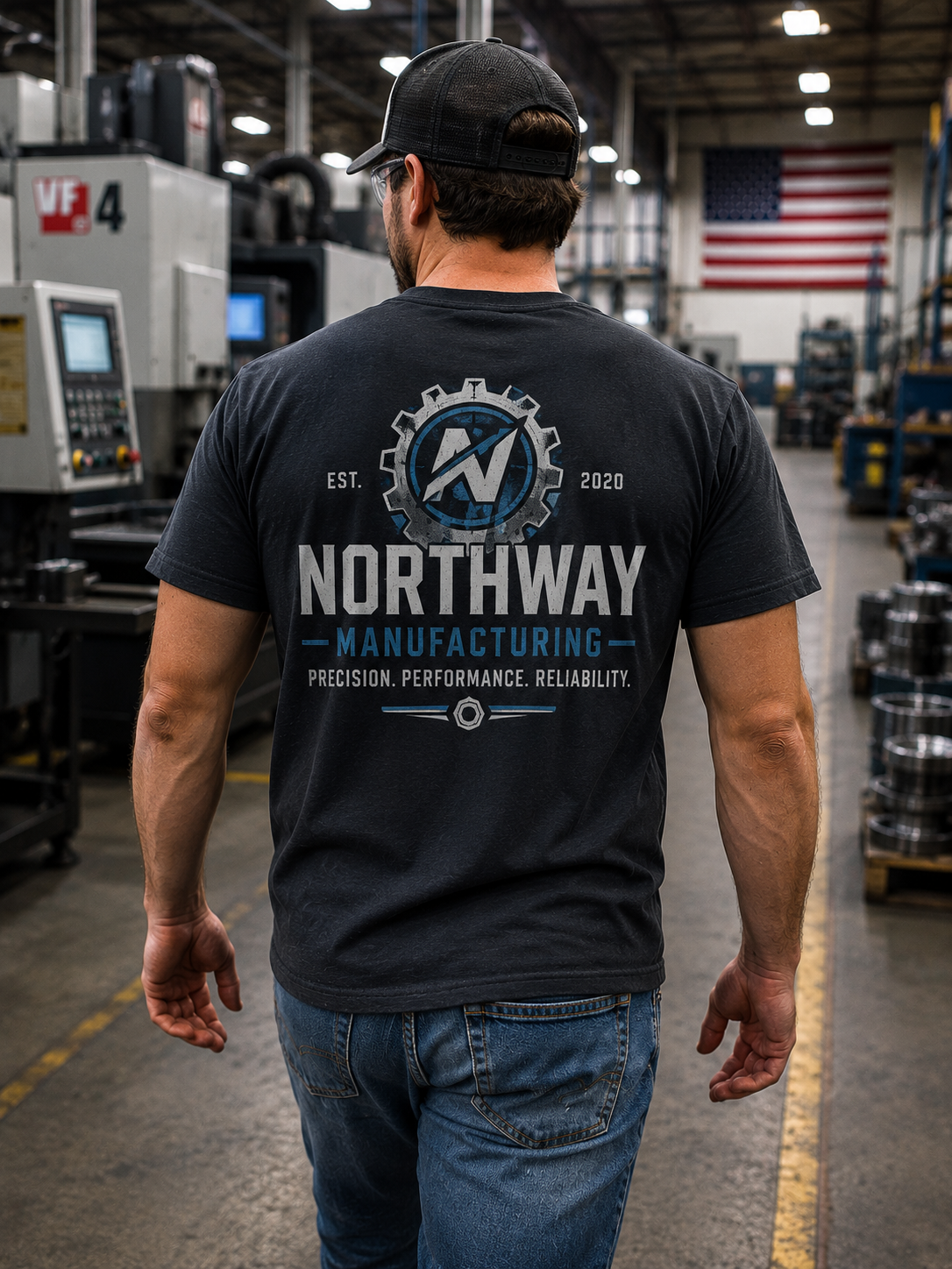 Person wearing a personalized company branded t-shirt in a warehouse setting
