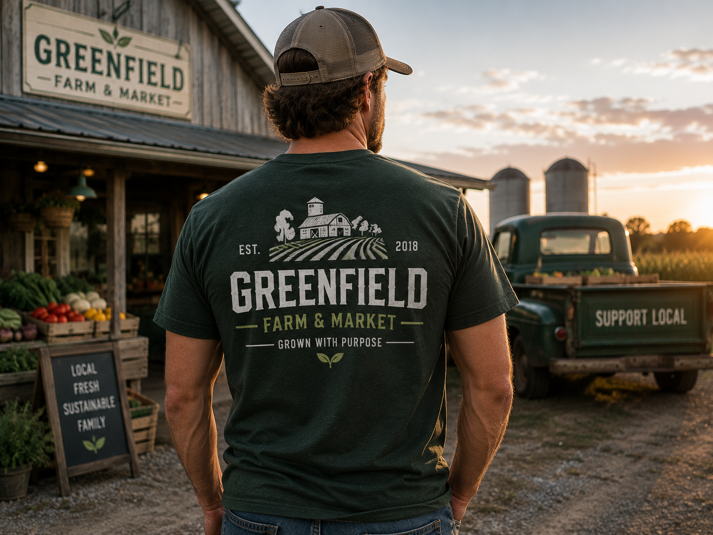 Man wearing a Greenfield Farm & Market branded t-shirt standing in front of a branded farm stand.