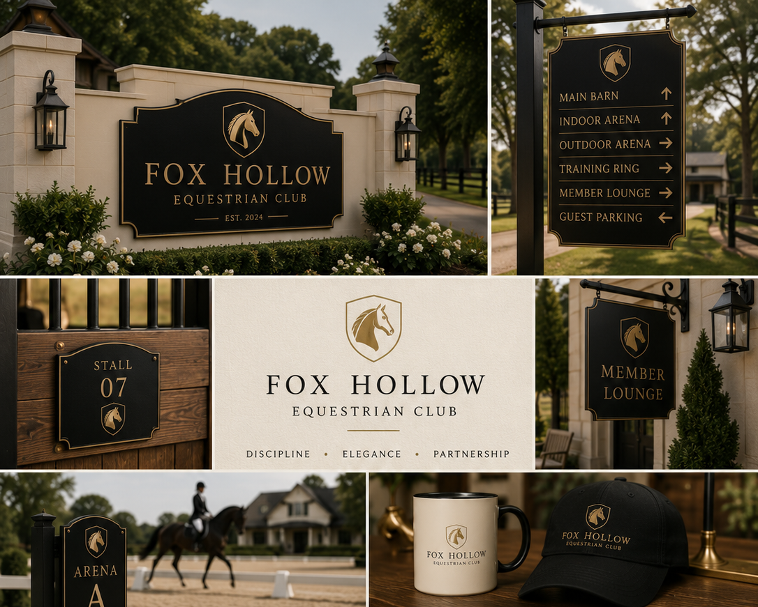 Brand Identity Fox Hollow Equestrian Club signage and branding elements.