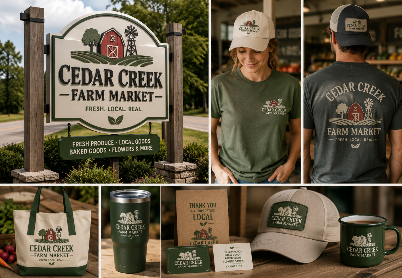 Cedar Creek Farm Market branding including a sign, t-shirts, hats, and mugs.