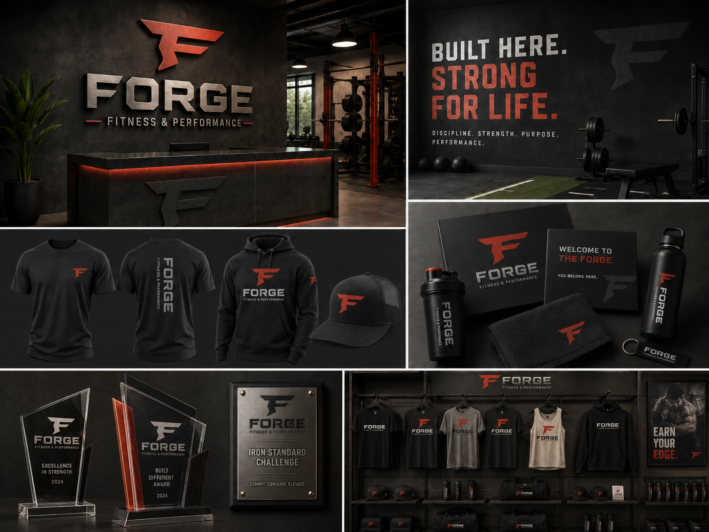 Forge Fitness & Performance branding, signage and merchandise in a gym setting.