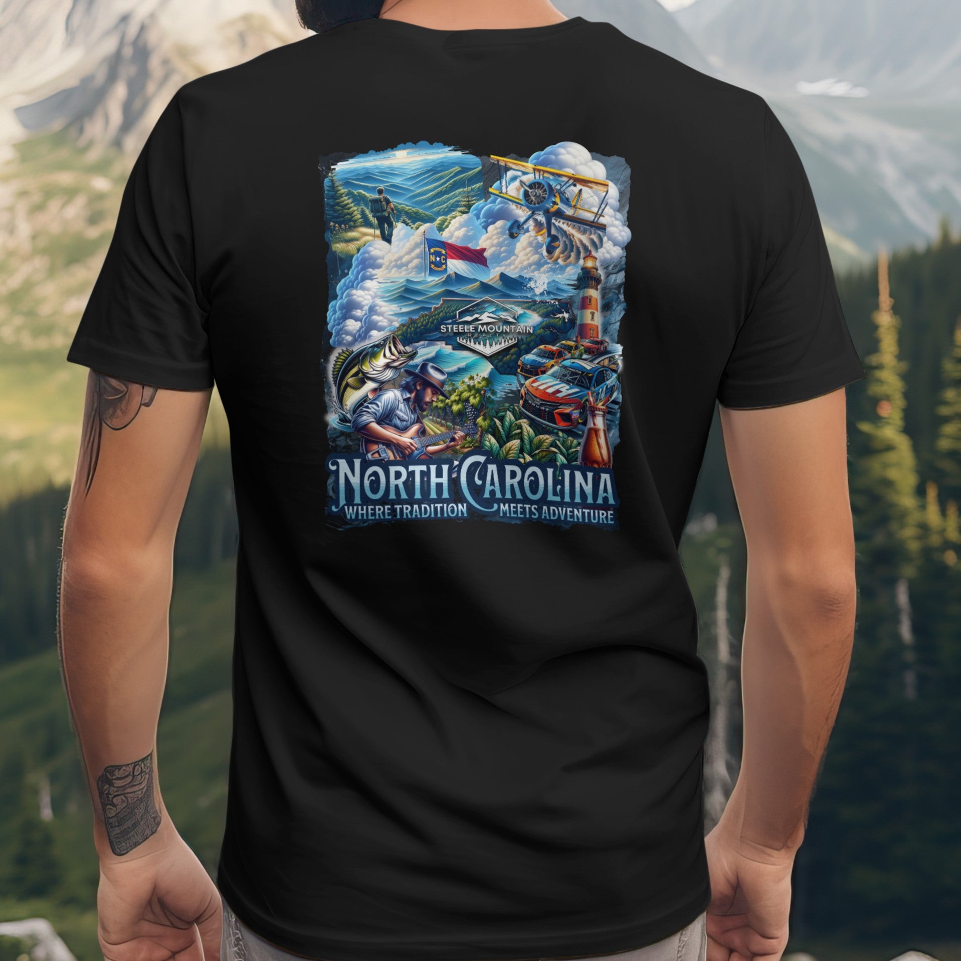 Black t-shirt with a colorful 'North Carolina' design featuring mountains and scenic views. Designed and Created by Cherokee Grove Custom Worx