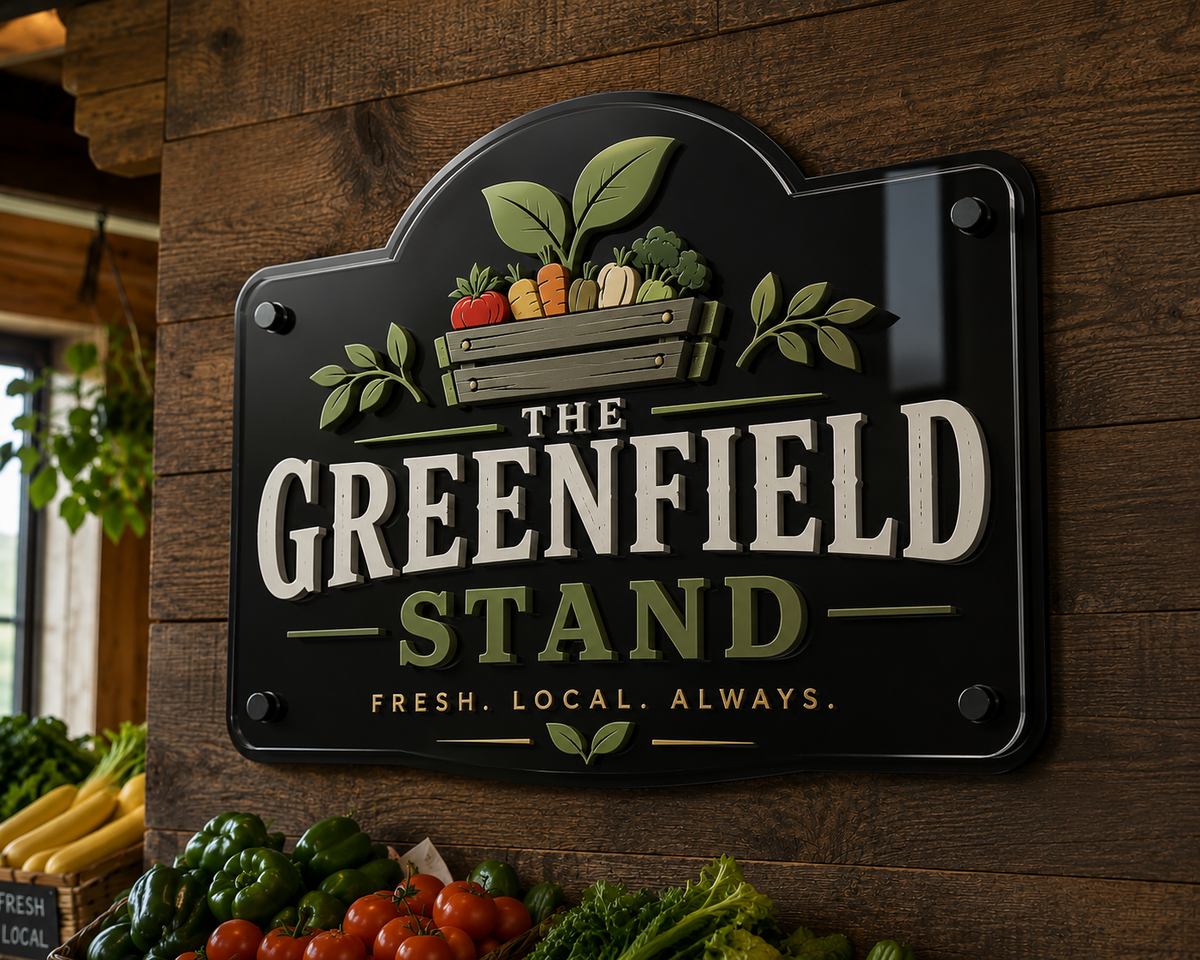 Sign for 'The Greenfield Stand' Acrylic with a wooden background