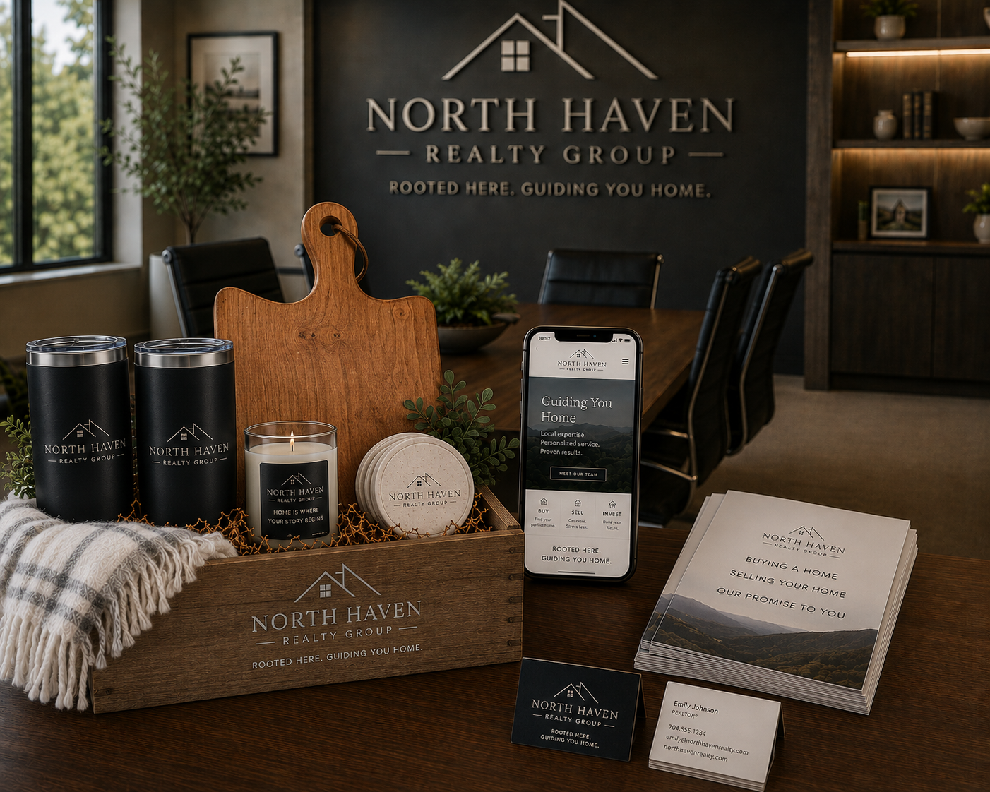 North Haven Realty Group closing gifts, promotional items including tumblers, a cutting board, and business cards on a table. and wall signage 