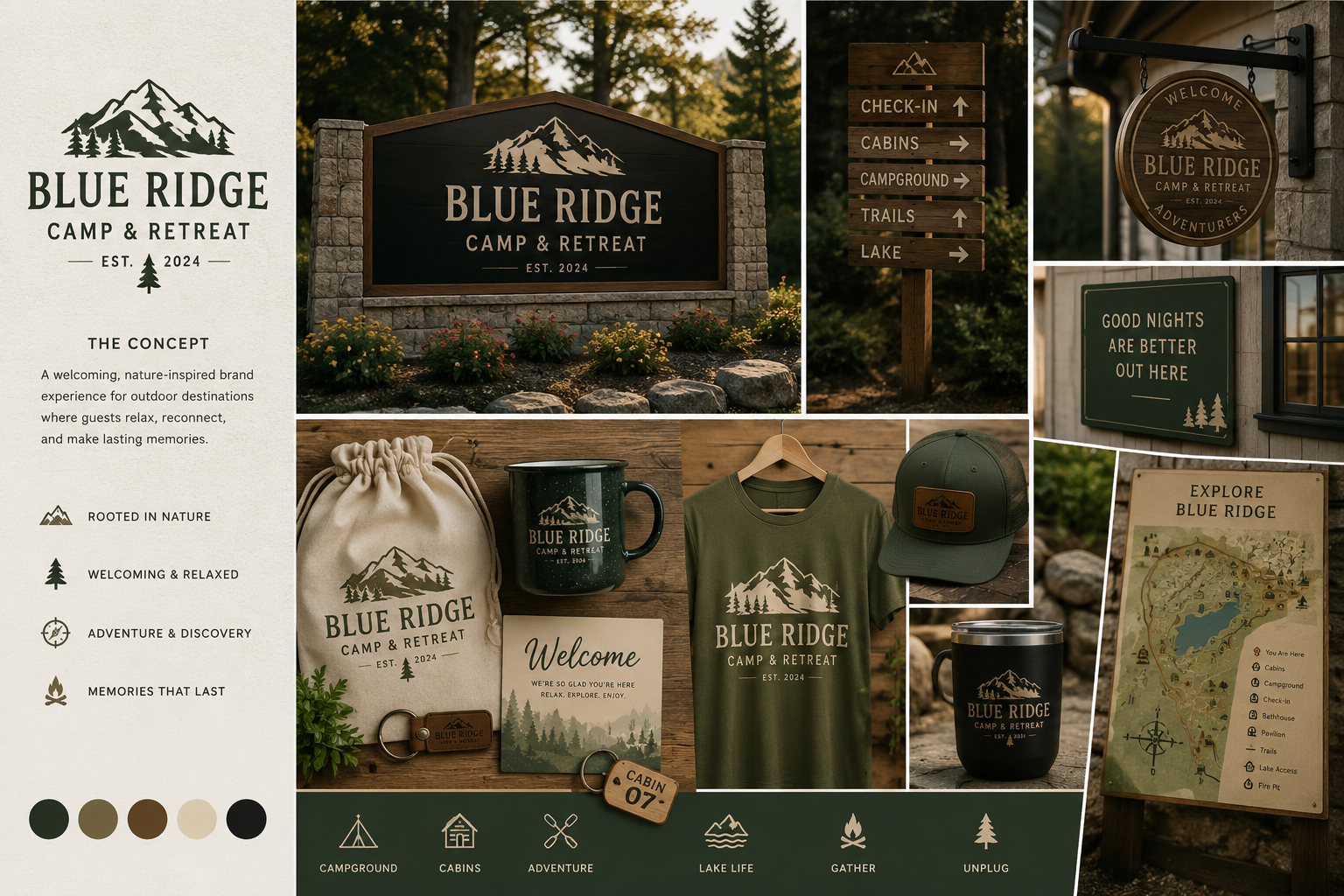 Brand Design - Blue Ridge Camp & Retreat branding and merchandise including signs, mugs, t-shirts, and bags.