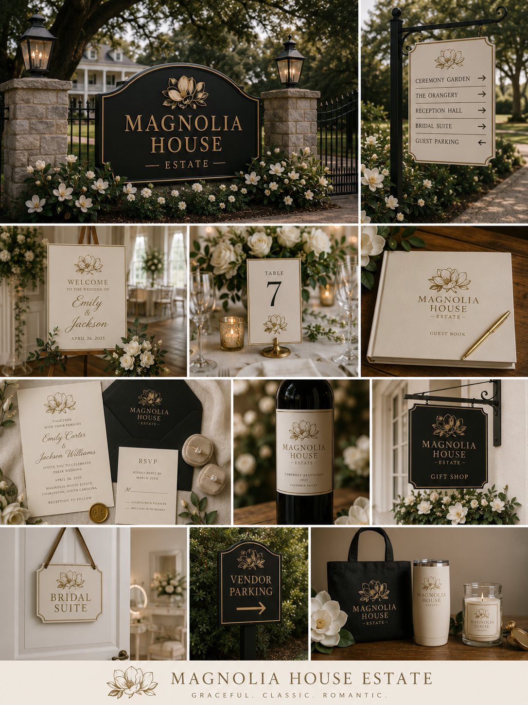 Identity Brand Design  Magnolia House Estate branding and decor elements including signs, flowers, and candles.