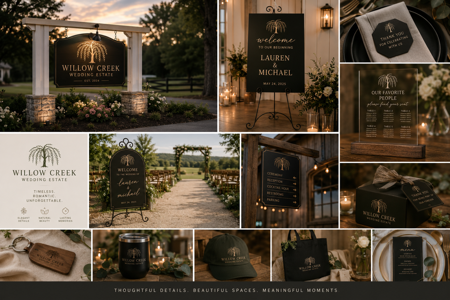 Brand Identity for wedding stationery, signage and decor items with 'Willow Creek Wedding Estate' branding.