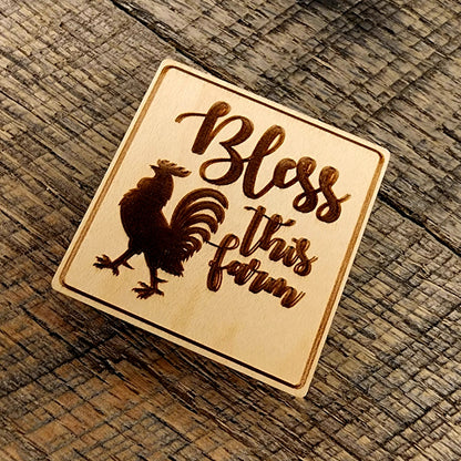 Magnet Inscribed with "Bless This Farm" Rooster