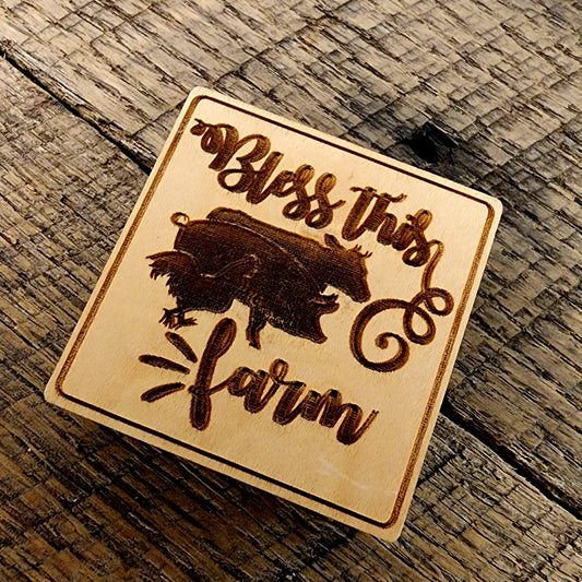 Magnet Inscribed with "Bless This Farm" also has a rooster, pig and cow beside one another