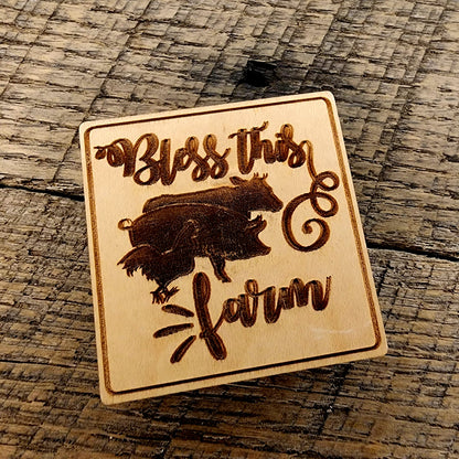 Magnet Inscribed with "Bless This Farm" also has a rooster, pig and cow beside one another